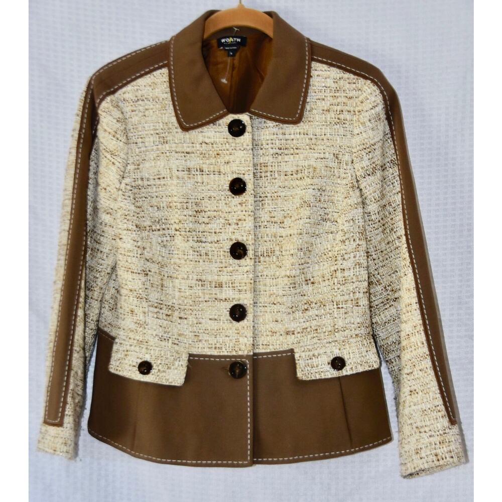 WORTH NEW YORK BROWN TAN TWEED & PONTE BUSINESS BLAZER JACKET SIZE 8
